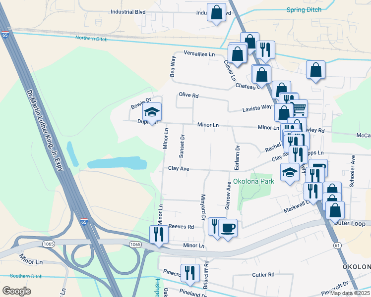 map of restaurants, bars, coffee shops, grocery stores, and more near 5415 Sunset Drive in Louisville
