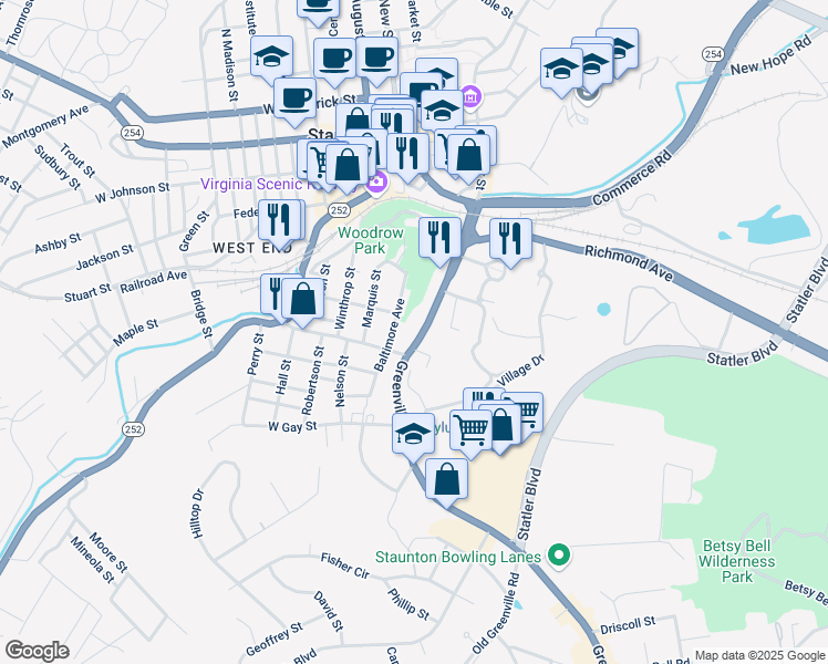 map of restaurants, bars, coffee shops, grocery stores, and more near 422 Greenville Avenue in Staunton