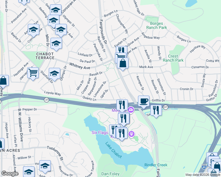 map of restaurants, bars, coffee shops, grocery stores, and more near 101 Pumice Drive in Vallejo