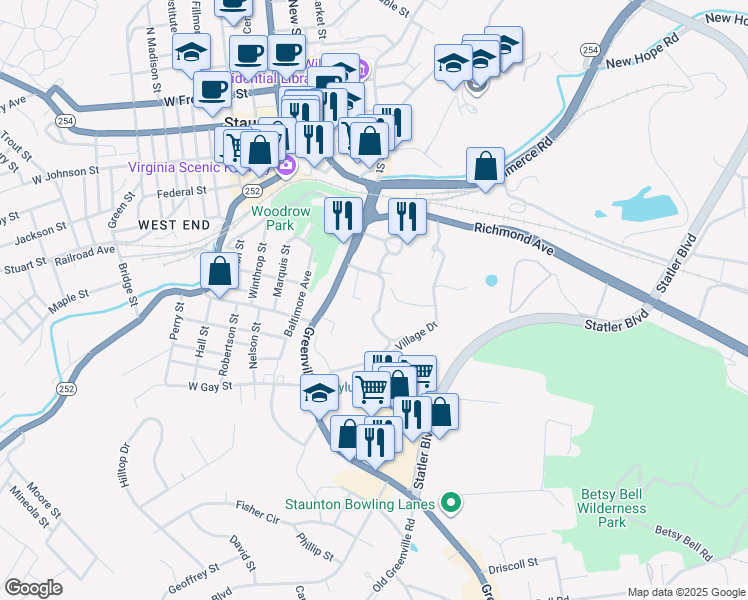 map of restaurants, bars, coffee shops, grocery stores, and more near 108 West Village Drive in Staunton