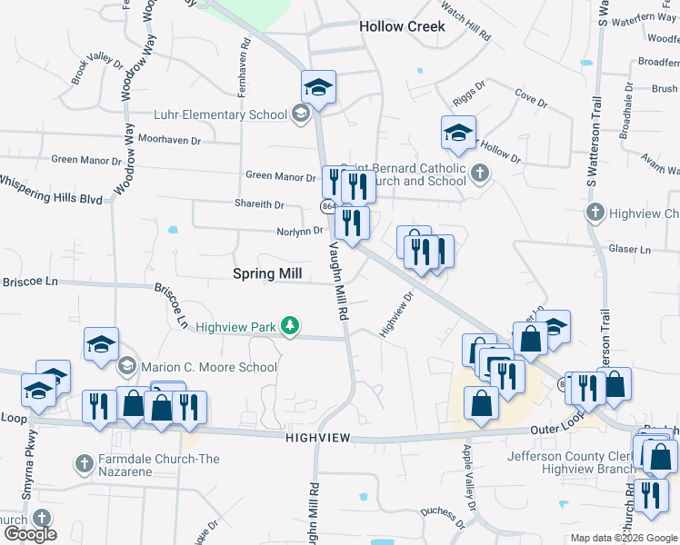 map of restaurants, bars, coffee shops, grocery stores, and more near 7219 Vaughn Mill Road in Louisville