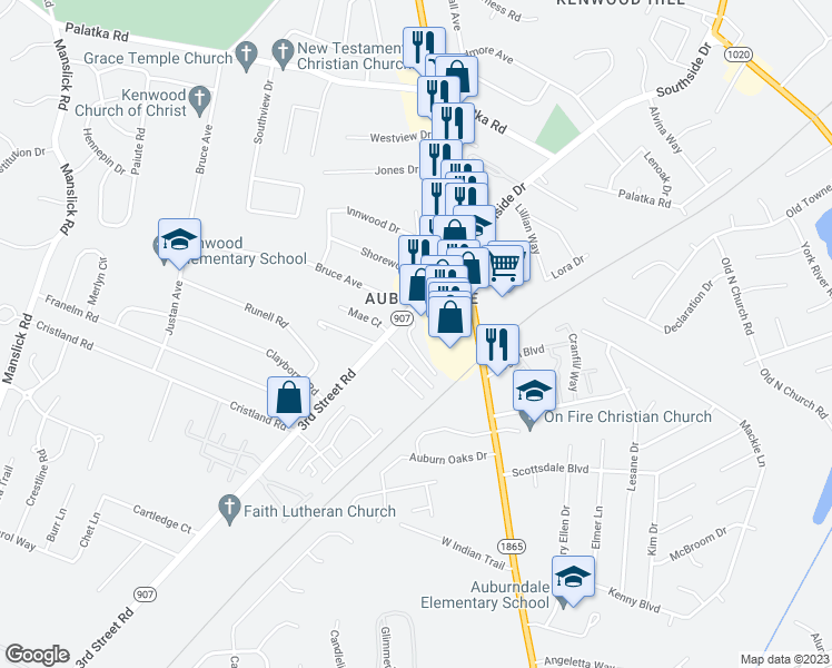 map of restaurants, bars, coffee shops, grocery stores, and more near 5501 Hunt Club Lane in Louisville