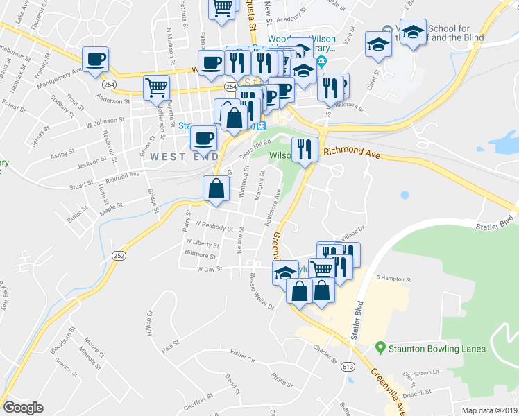map of restaurants, bars, coffee shops, grocery stores, and more near 519 Marquis St in Staunton