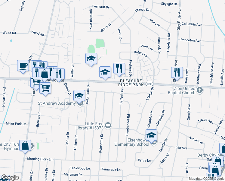 map of restaurants, bars, coffee shops, grocery stores, and more near 5701 Azalea Lane in Louisville