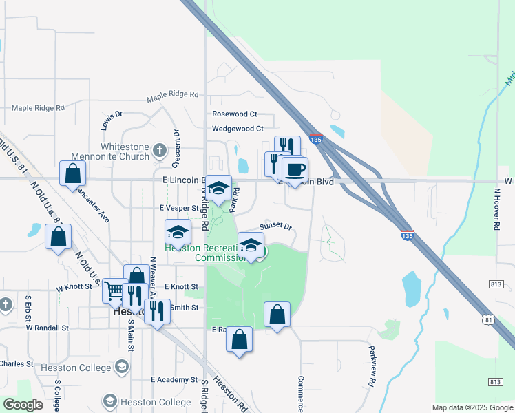 map of restaurants, bars, coffee shops, grocery stores, and more near 116 Meadow Lane in Hesston