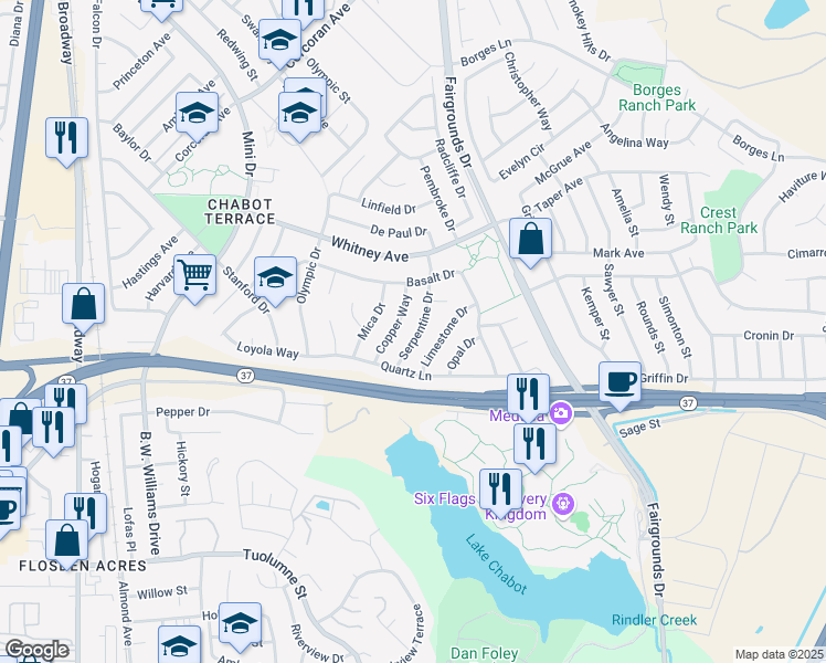 map of restaurants, bars, coffee shops, grocery stores, and more near 157 Serpentine Drive in Vallejo