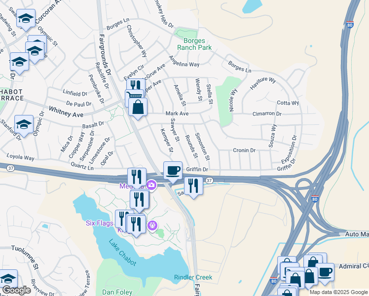 map of restaurants, bars, coffee shops, grocery stores, and more near 132 Sawyer Street in Vallejo