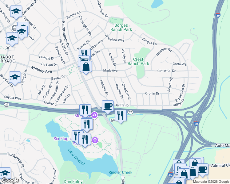 map of restaurants, bars, coffee shops, grocery stores, and more near 132 Sawyer Street in Vallejo