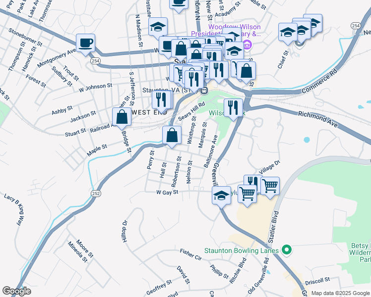 map of restaurants, bars, coffee shops, grocery stores, and more near 606 Winthrop St in Staunton