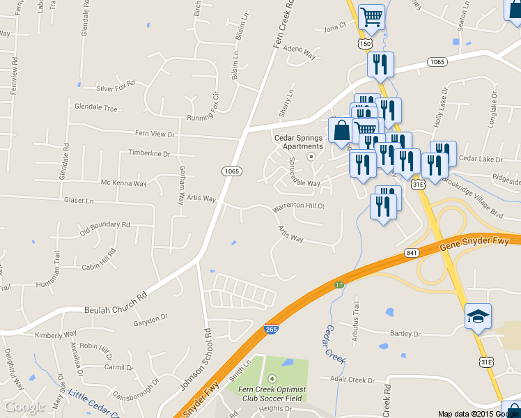 map of restaurants, bars, coffee shops, grocery stores, and more near 9012 Artis Way in Louisville