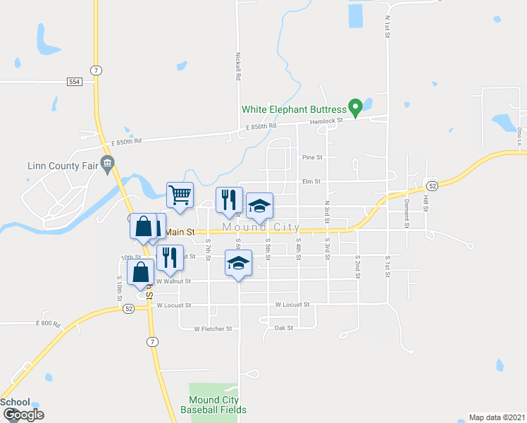 map of restaurants, bars, coffee shops, grocery stores, and more near 115 North 5th Street in Mound City