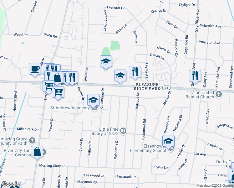map of restaurants, bars, coffee shops, grocery stores, and more near 5803 Azalea Lane in Louisville