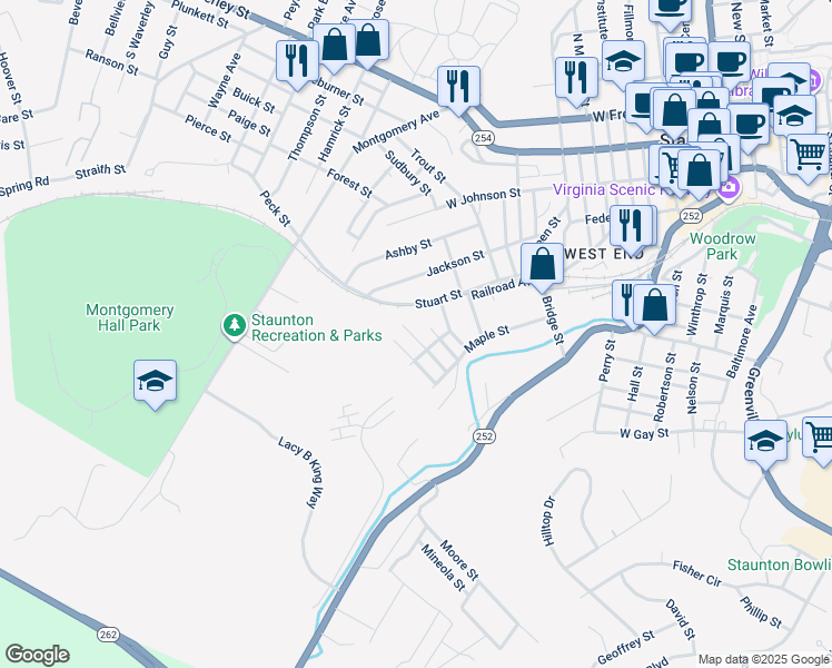 map of restaurants, bars, coffee shops, grocery stores, and more near 419 Tannehill Street in Staunton