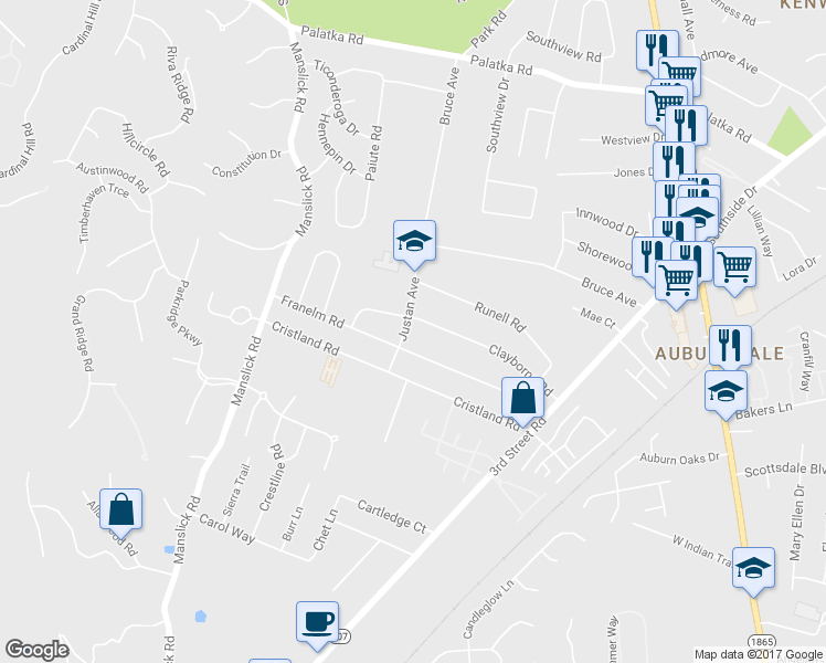 map of restaurants, bars, coffee shops, grocery stores, and more near 7535 Justan Avenue in Louisville
