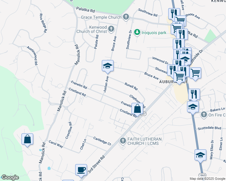 map of restaurants, bars, coffee shops, grocery stores, and more near 1046 Clayborne Road in Louisville