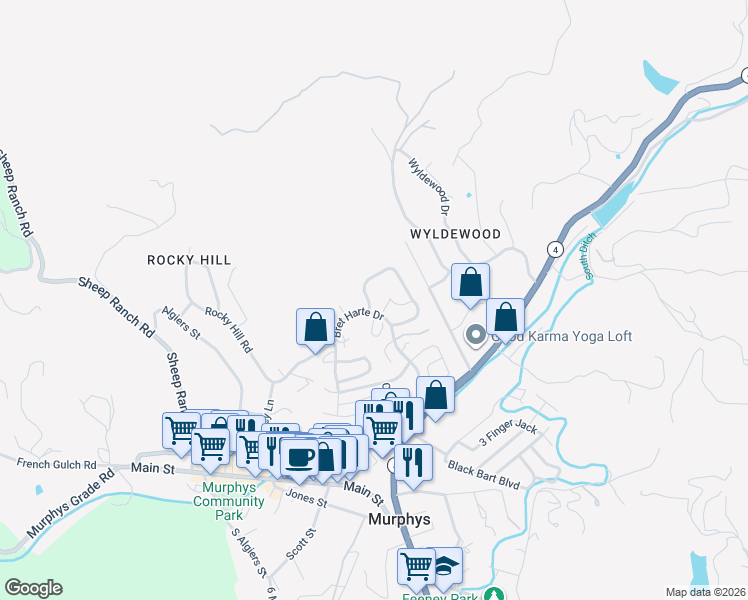 map of restaurants, bars, coffee shops, grocery stores, and more near 373 Oak Tree Circle in Murphys