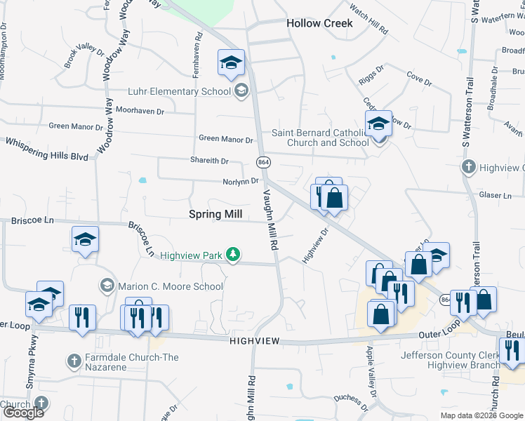 map of restaurants, bars, coffee shops, grocery stores, and more near 7219 Vaughn Mill Road in Louisville