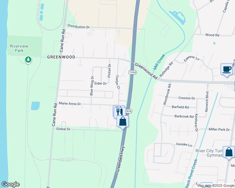 map of restaurants, bars, coffee shops, grocery stores, and more near 7716 Texlyn Court in Louisville