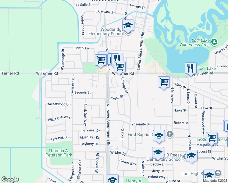 map of restaurants, bars, coffee shops, grocery stores, and more near 11171 North Lower Sacramento Road in Lodi