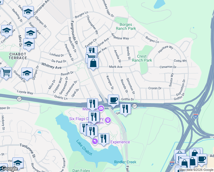map of restaurants, bars, coffee shops, grocery stores, and more near 127 Kemper Street in Vallejo