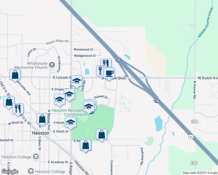map of restaurants, bars, coffee shops, grocery stores, and more near 118 Cherry Hills Court in Hesston