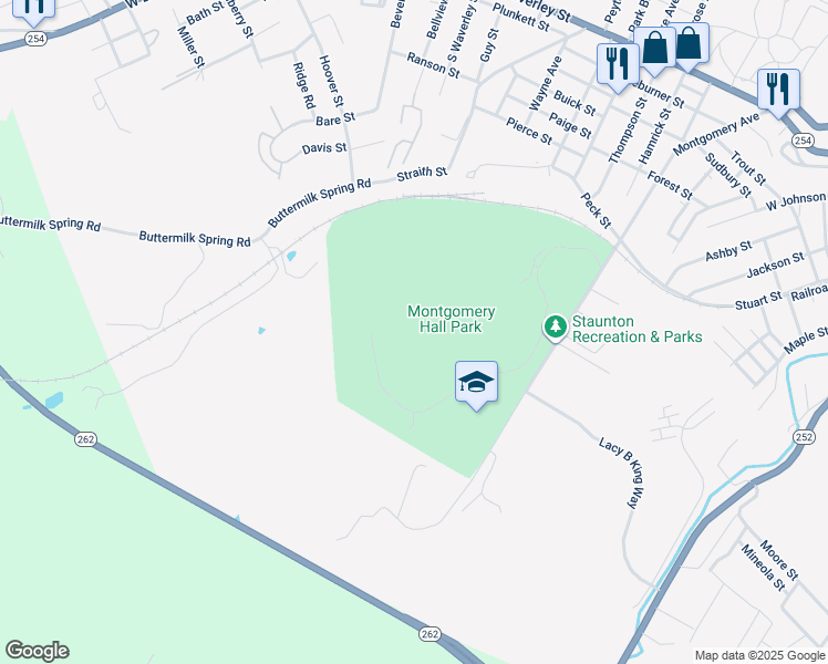 map of restaurants, bars, coffee shops, grocery stores, and more near 1000 Montgomery Avenue in Staunton