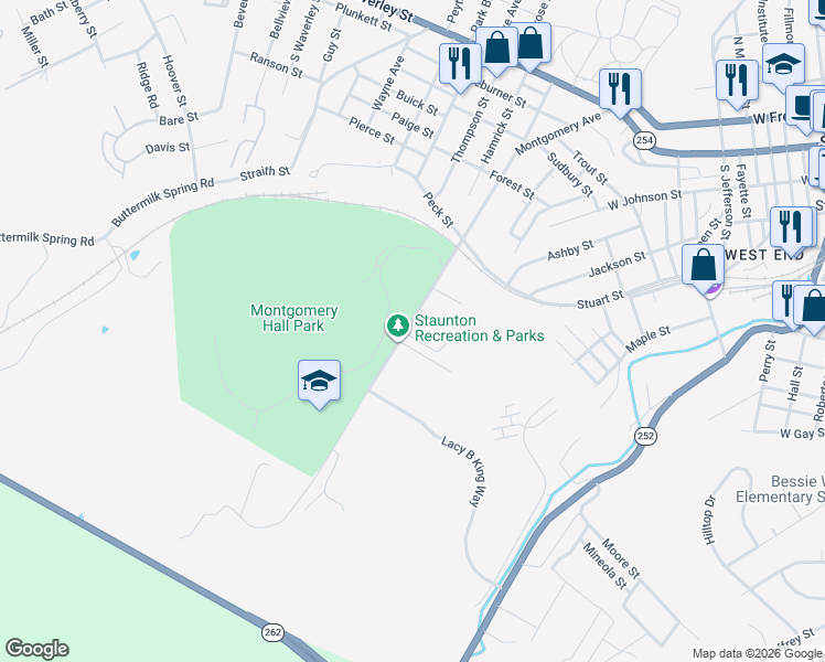 map of restaurants, bars, coffee shops, grocery stores, and more near 1107 Montgomery Avenue in Staunton