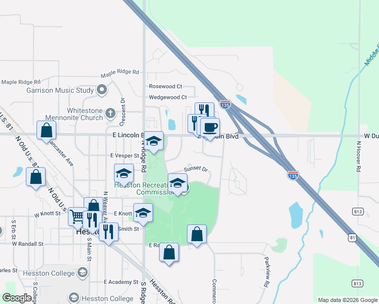 map of restaurants, bars, coffee shops, grocery stores, and more near 116 Meadow Lane in Hesston