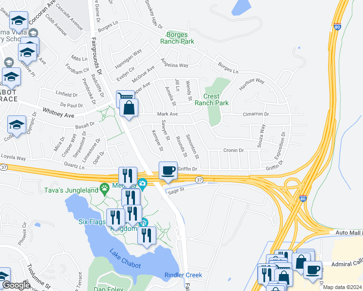 map of restaurants, bars, coffee shops, grocery stores, and more near 145 Rounds Street in Vallejo