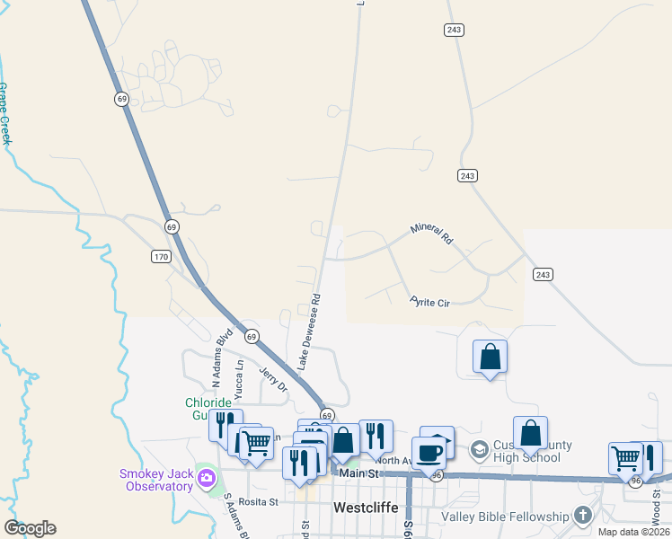map of restaurants, bars, coffee shops, grocery stores, and more near 20 Mineral Road in Westcliffe
