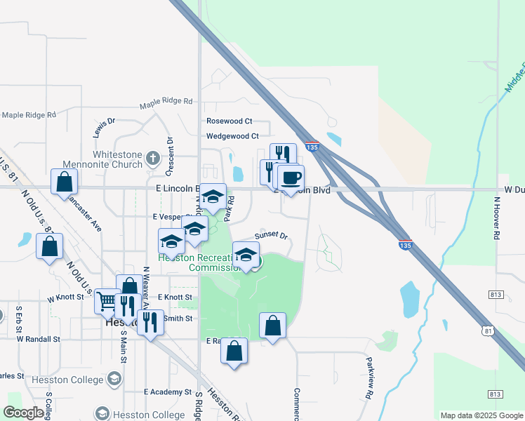 map of restaurants, bars, coffee shops, grocery stores, and more near 116 Meadow Lane in Hesston
