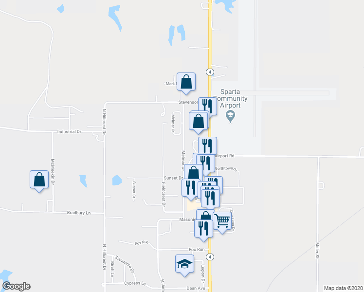 map of restaurants, bars, coffee shops, grocery stores, and more near 1509 Melmar Drive in Sparta