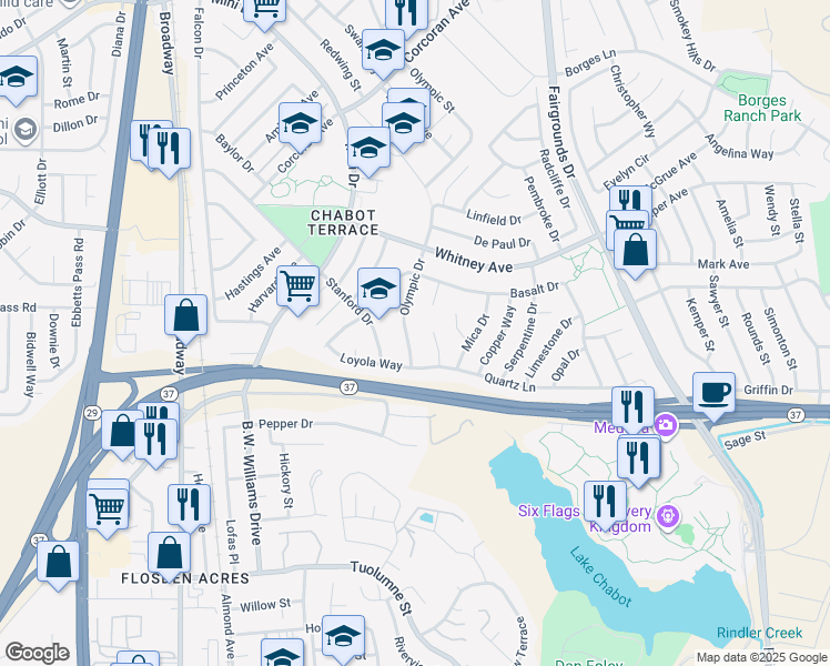 map of restaurants, bars, coffee shops, grocery stores, and more near 136 Olympic Drive in Vallejo