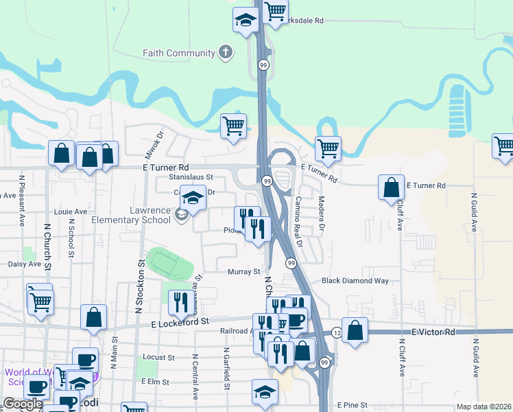 map of restaurants, bars, coffee shops, grocery stores, and more near 505 Pioneer Drive in Lodi