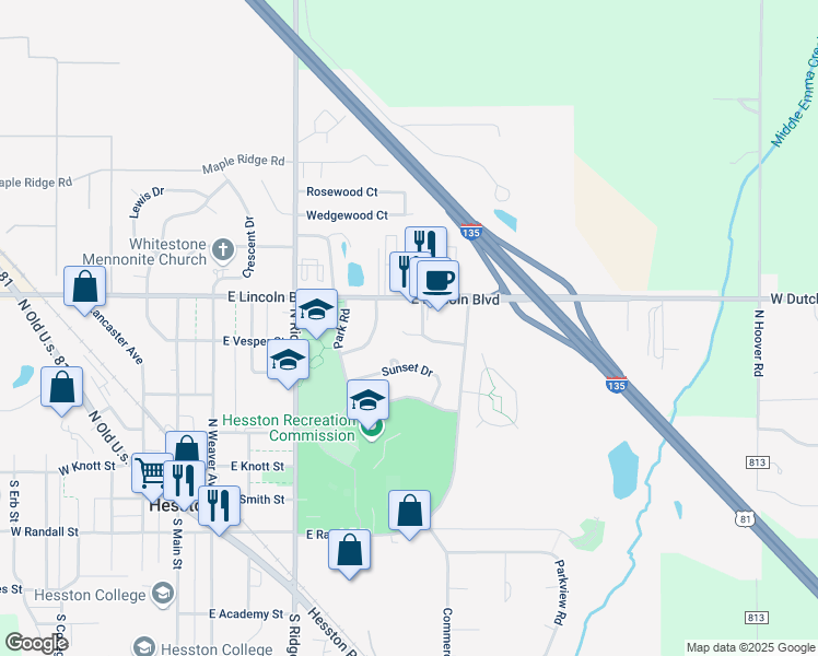 map of restaurants, bars, coffee shops, grocery stores, and more near 118 Cherry Hills Court in Hesston