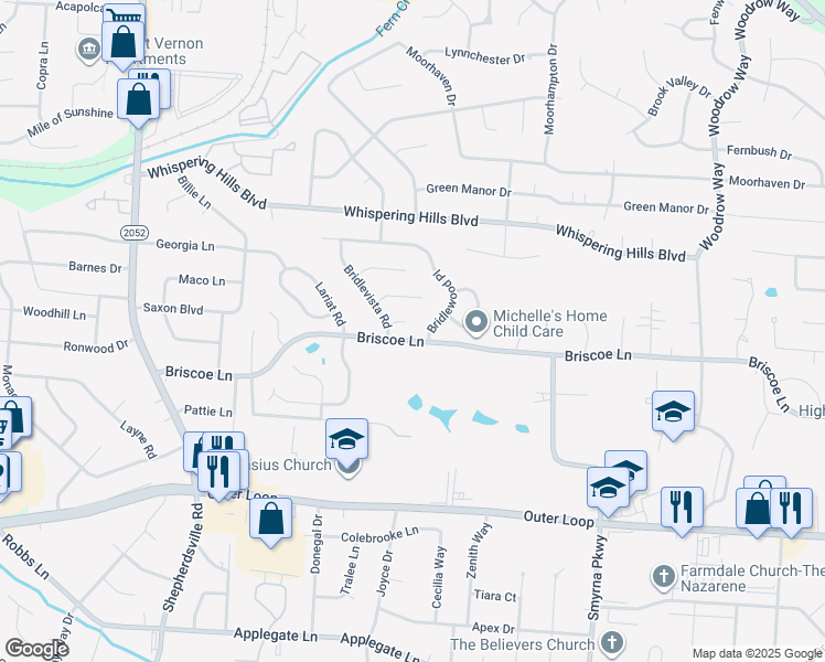 map of restaurants, bars, coffee shops, grocery stores, and more near 6100 Briscoe Lane in Louisville
