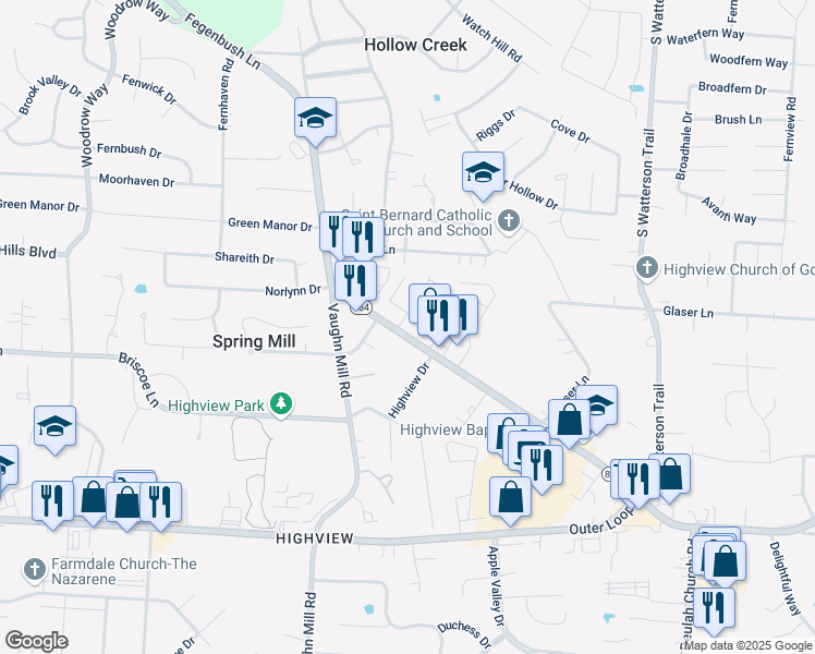 map of restaurants, bars, coffee shops, grocery stores, and more near 7309 Fegenbush Lane in Louisville