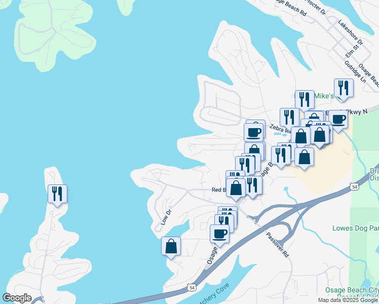 map of restaurants, bars, coffee shops, grocery stores, and more near 1153 Links Road in Osage Beach