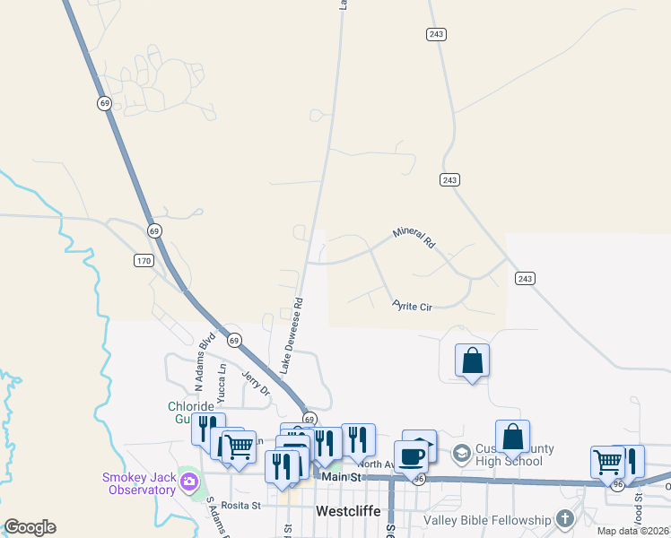 map of restaurants, bars, coffee shops, grocery stores, and more near 20 Mineral Road in Westcliffe