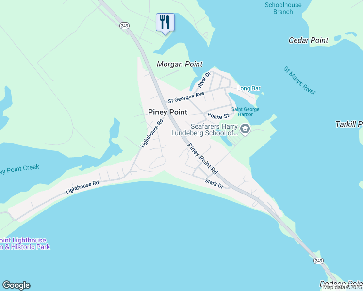 map of restaurants, bars, coffee shops, grocery stores, and more near 17335 Piney Point Road in Piney Point