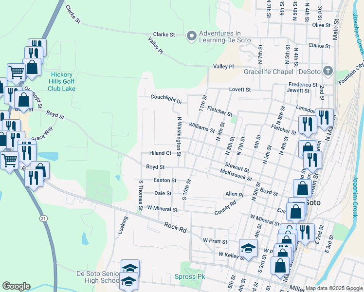 map of restaurants, bars, coffee shops, grocery stores, and more near 305 North Washington Street in De Soto