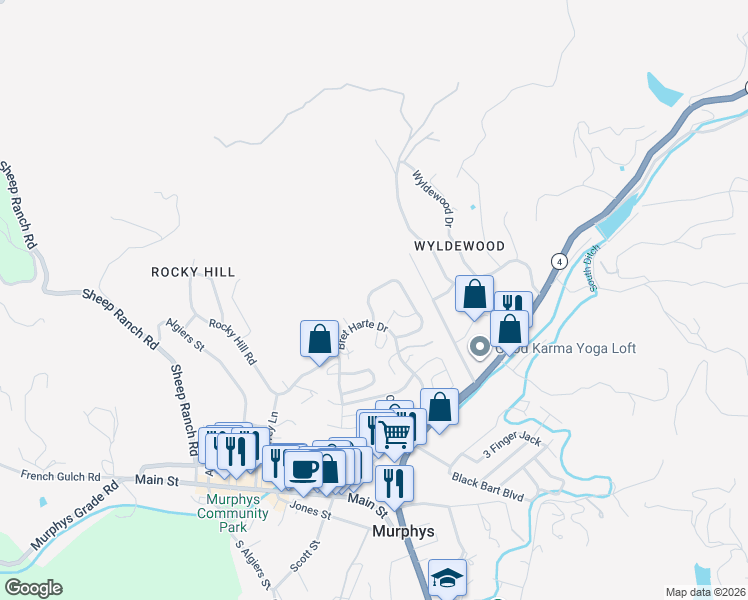 map of restaurants, bars, coffee shops, grocery stores, and more near 373 Oak Tree Circle in Murphys
