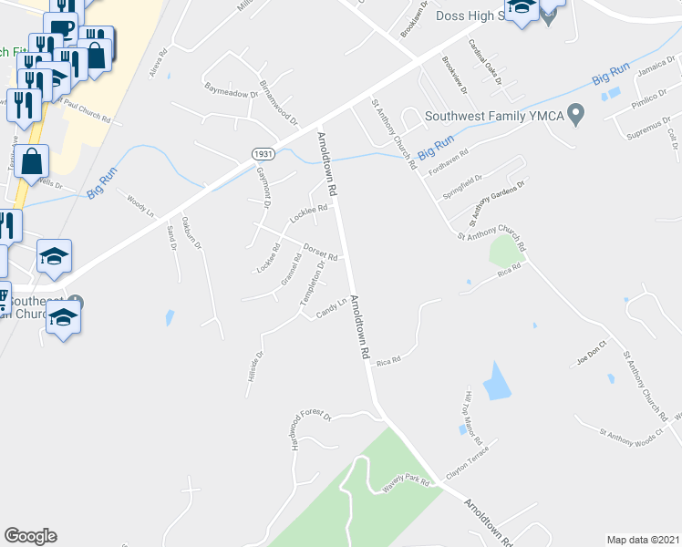 map of restaurants, bars, coffee shops, grocery stores, and more near 7322 Arnoldtown Road in Louisville