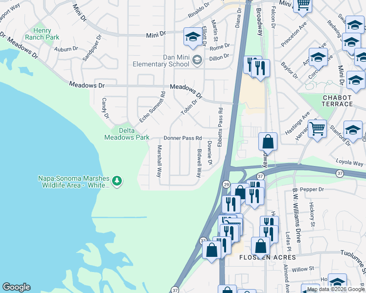 map of restaurants, bars, coffee shops, grocery stores, and more near 167 Kit Carson Way in Vallejo