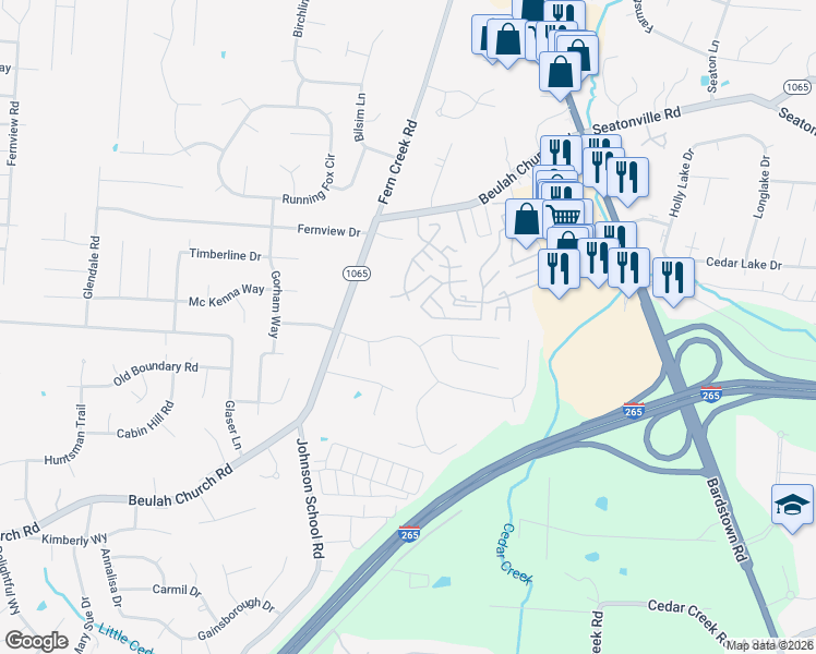 map of restaurants, bars, coffee shops, grocery stores, and more near 9012 Artis Way in Louisville
