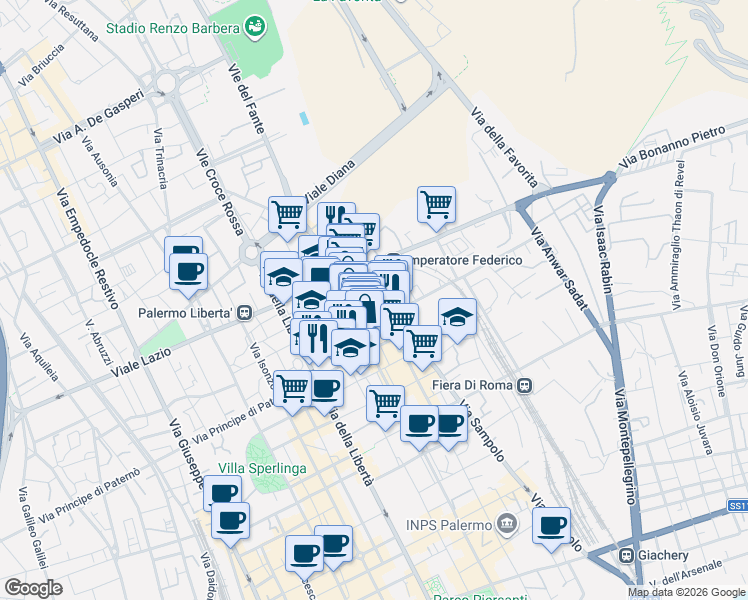 map of restaurants, bars, coffee shops, grocery stores, and more near 23 Via Alessandro Lamarmora in Palermo