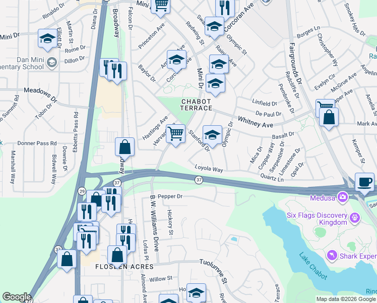 map of restaurants, bars, coffee shops, grocery stores, and more near 119 College Avenue in Vallejo
