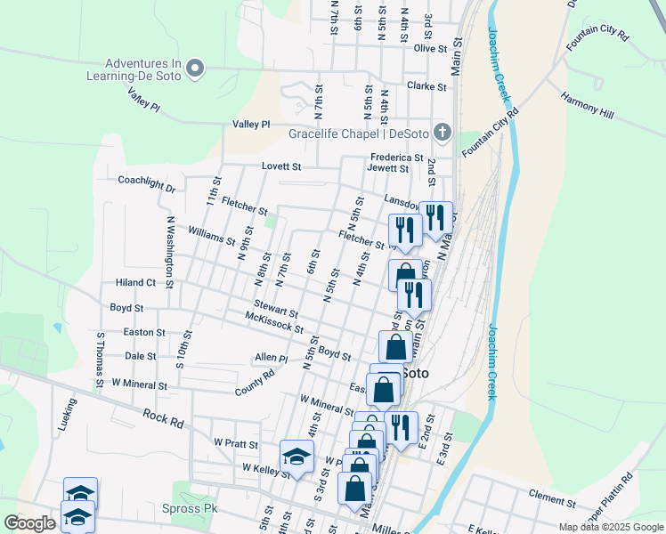 map of restaurants, bars, coffee shops, grocery stores, and more near 411 Williams Street in De Soto