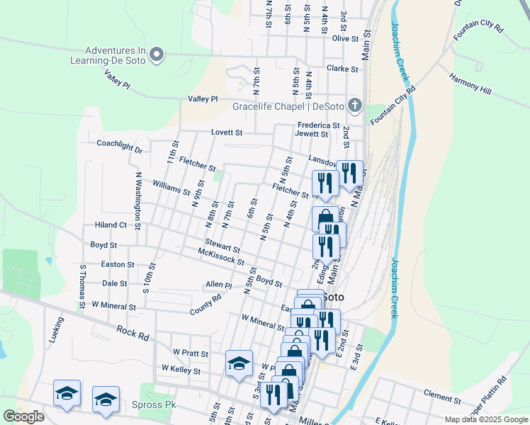 map of restaurants, bars, coffee shops, grocery stores, and more near 411 Williams Street in De Soto