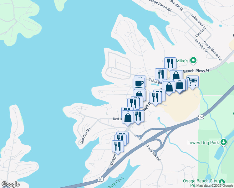 map of restaurants, bars, coffee shops, grocery stores, and more near 1153 Links Road in Osage Beach
